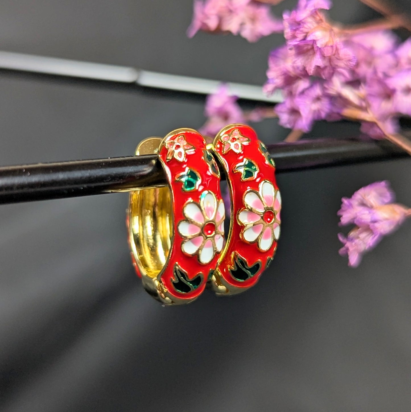 red cloisonné hoop earrings