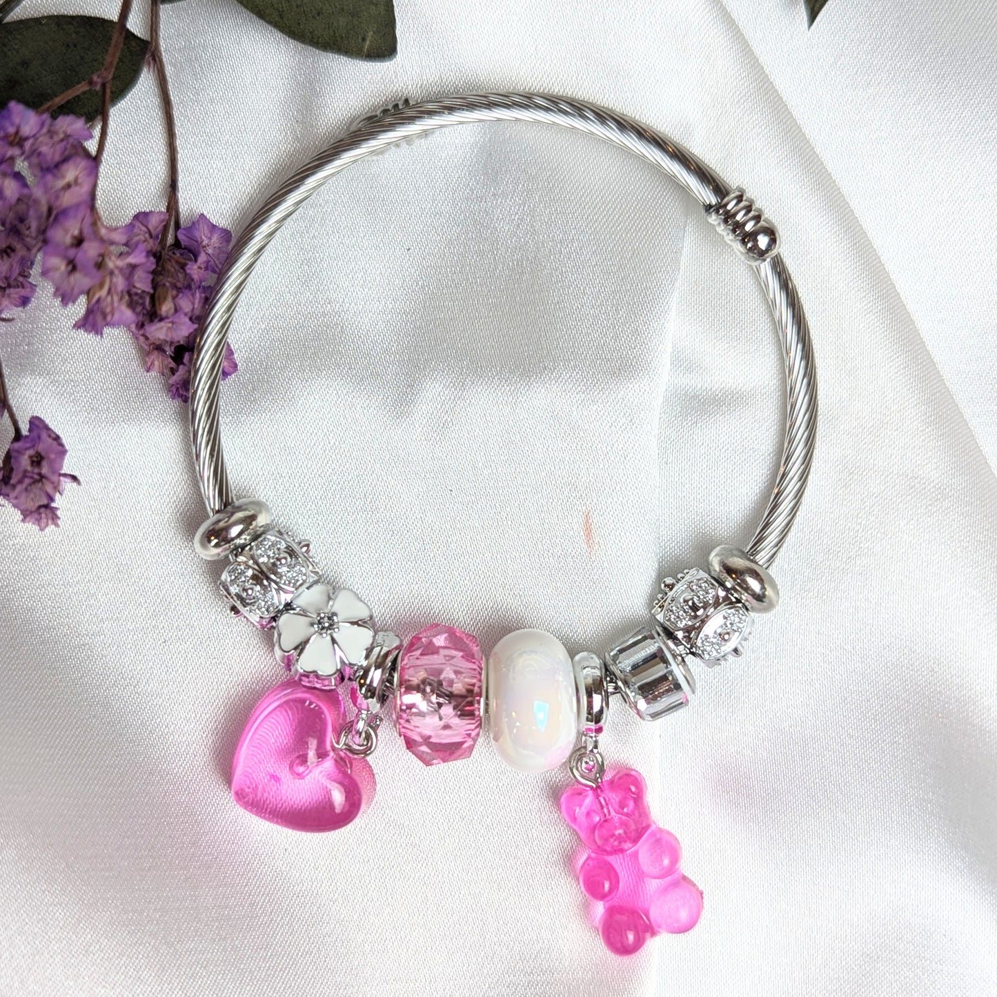 Hot Pink Heart and Teddy Charm Bracelet