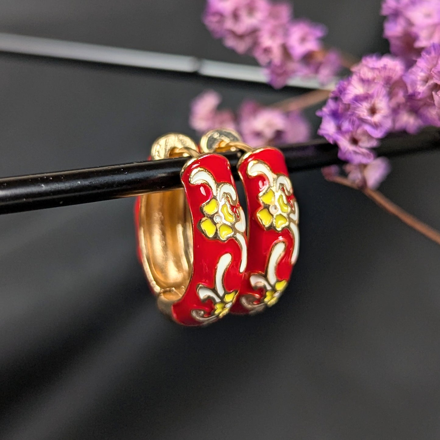 Cloisonné Huggie Hoops - Red with Yellow and White