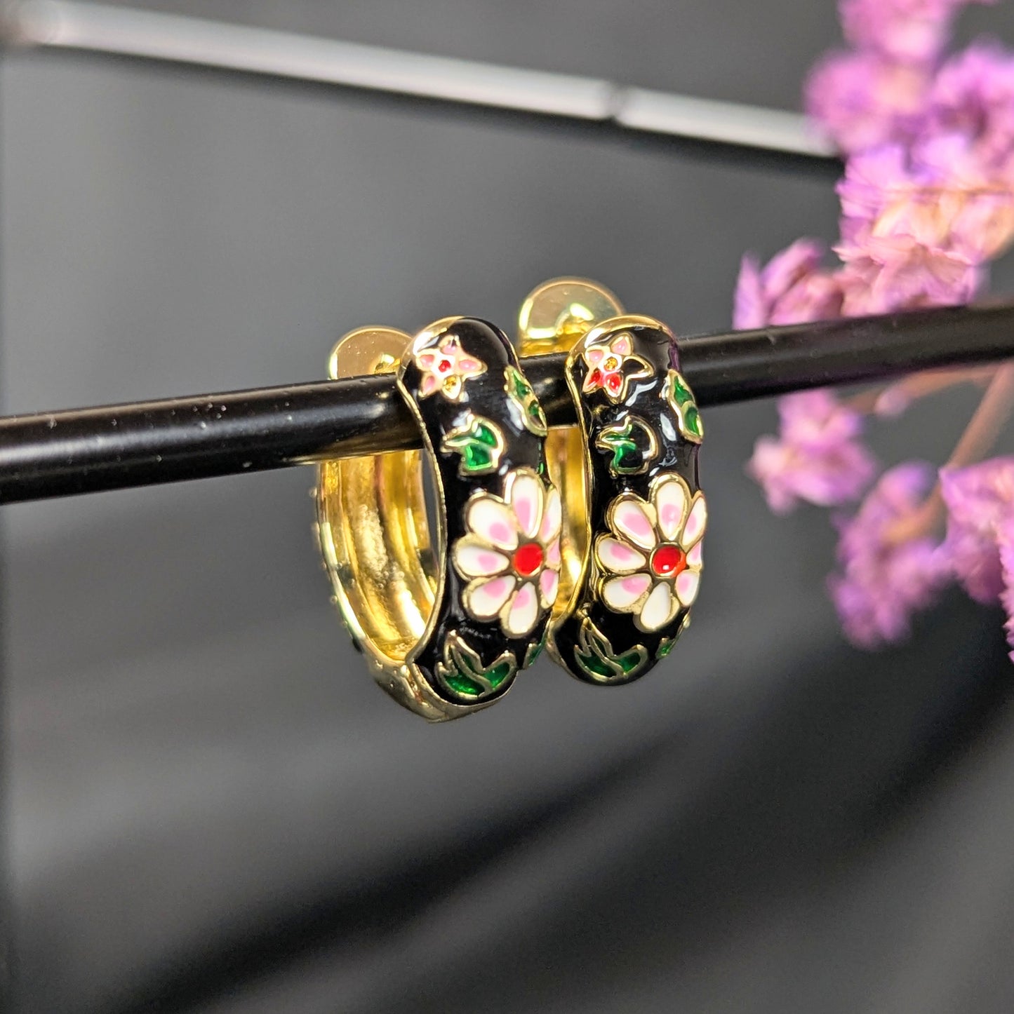 Cloisonné Huggie Hoops - Black