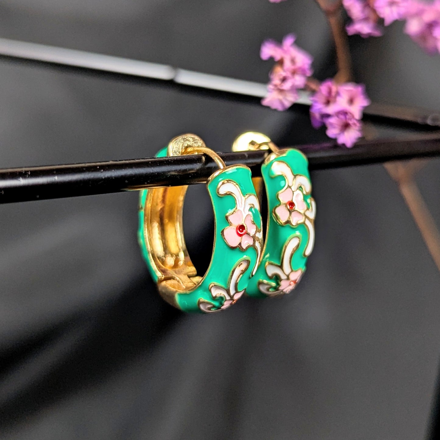 Cloisonné Huggie Hoops - Green