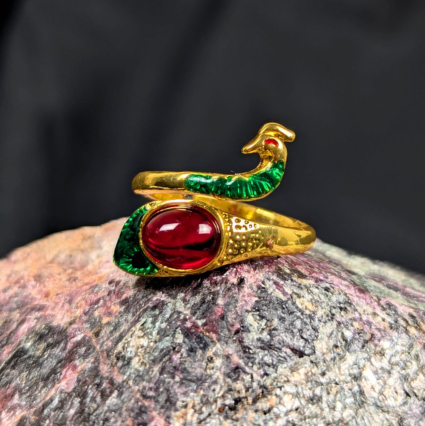 Silver Plated Adjustable Gold Peacock - Green/Red Ring