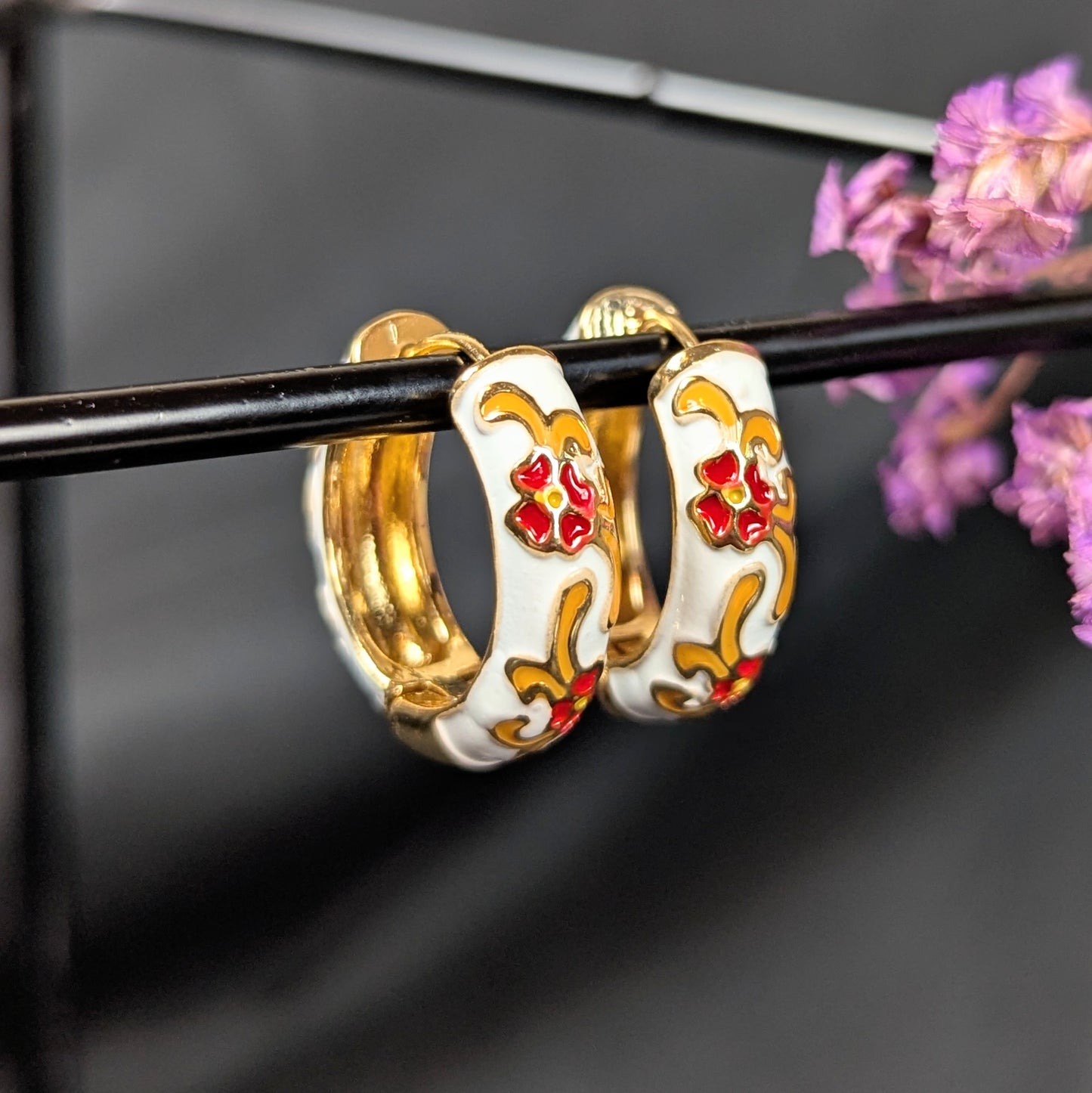 Cloisonné Huggie Hoops - White with Yellow and Red