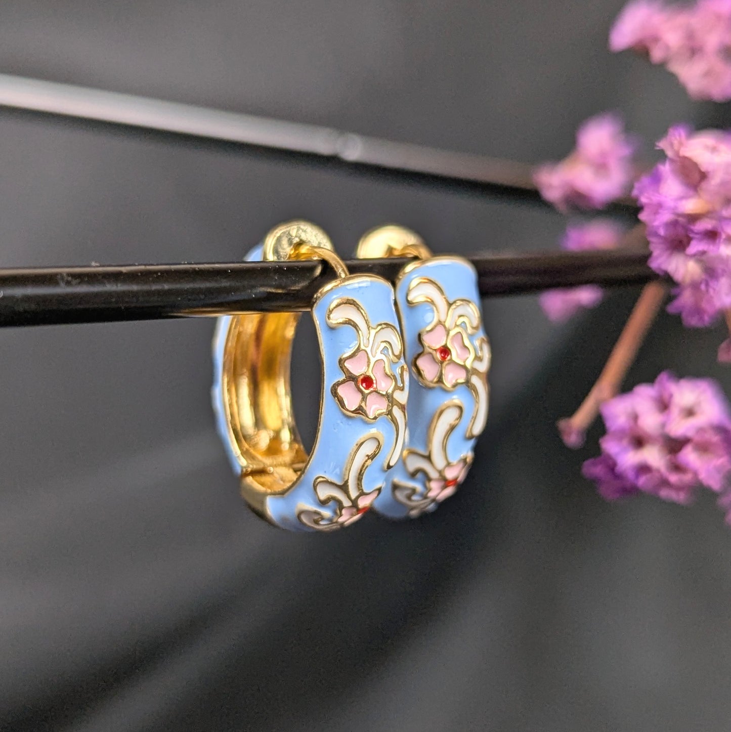 Cloisonné Huggie Hoops - Light Blue