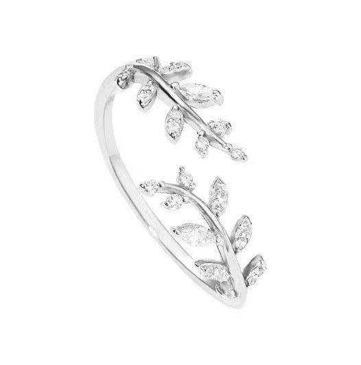 Silver Adjustable Diamanté Leaf Wrap Ring