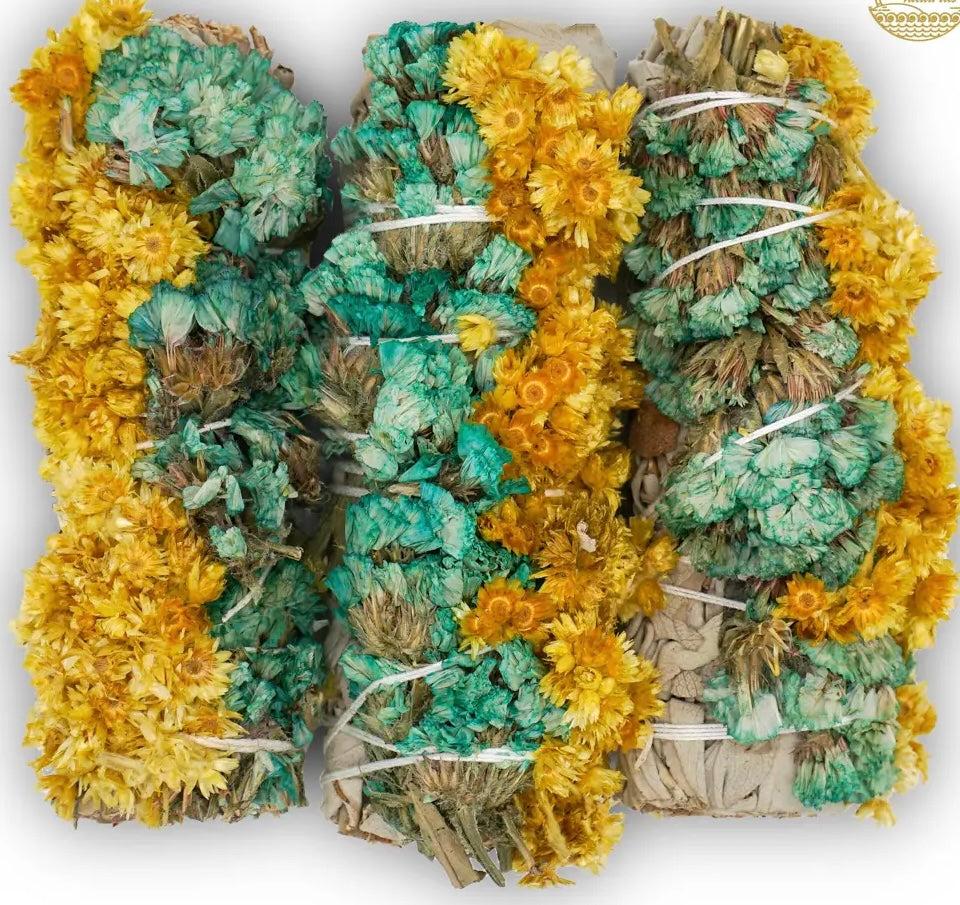 White Sage with Turquoise & Yellow Sinuata Flowers Smudge Stick Bundle