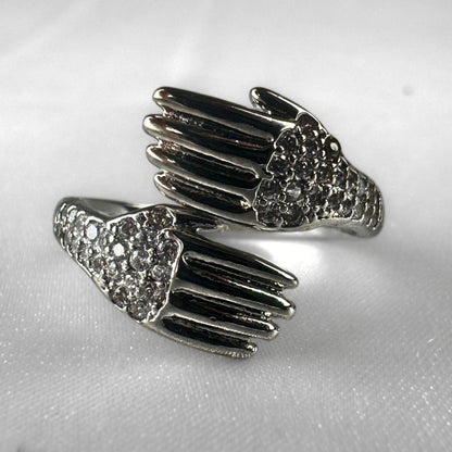 Diamanté Hugging Hands Silver  Adjustable Ring