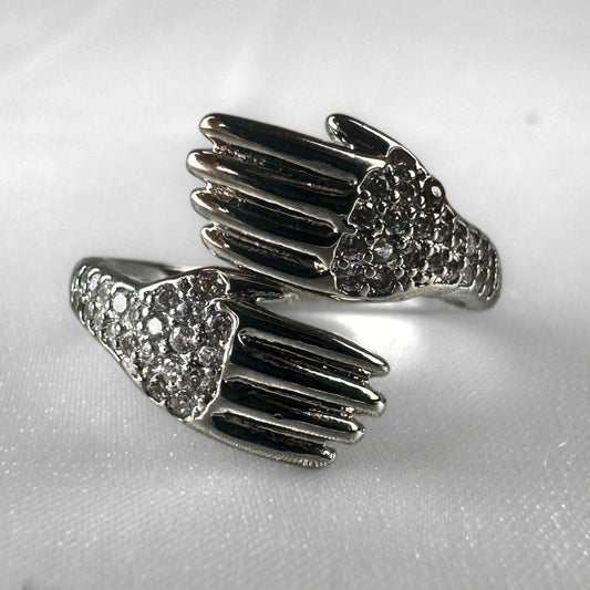 Diamanté Hugging Hands Silver  Adjustable Ring