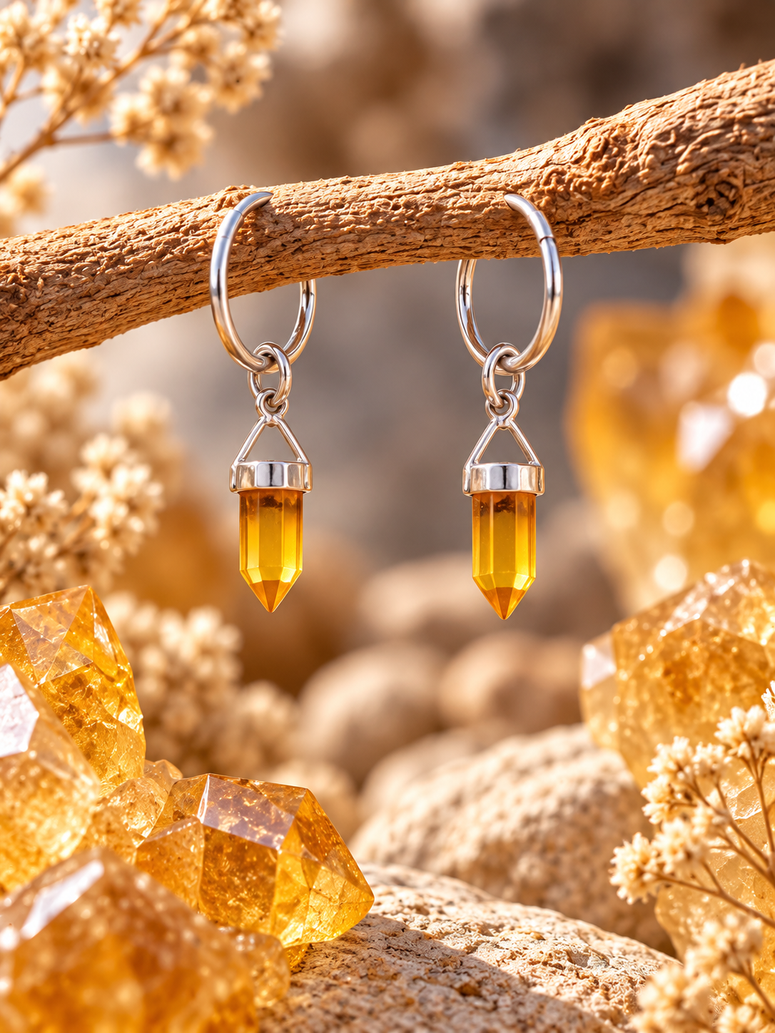 Silver Citrine Crystal Point Dangly Earrings