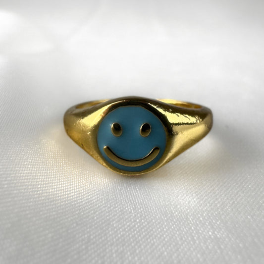 Blue Smiley Face Gold  Adjustable Signet Ring