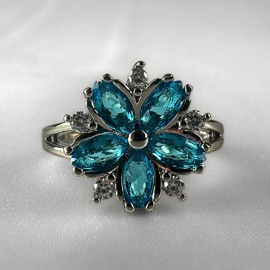 Blue Flower Silver Adjustable Ring