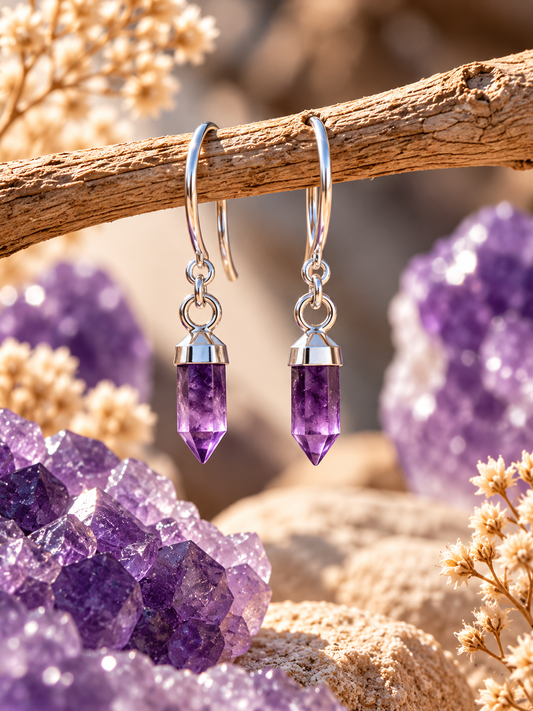 Silver Amethyst Crystal Point Dangly Earrings