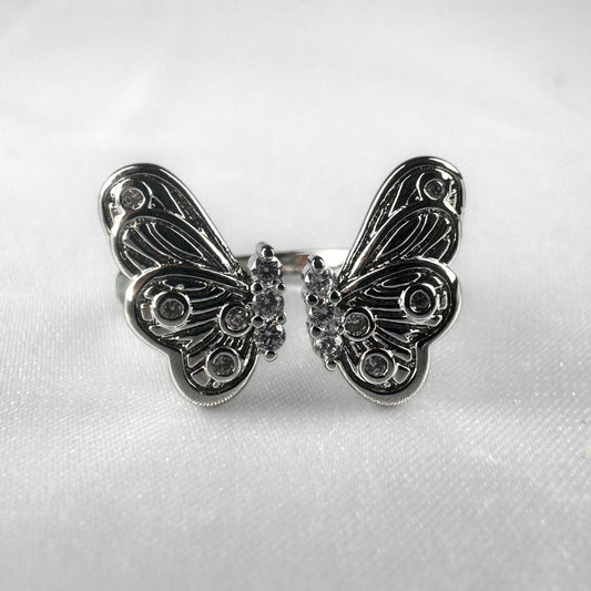 Large Open Silver Adjustable Butterfly Ring