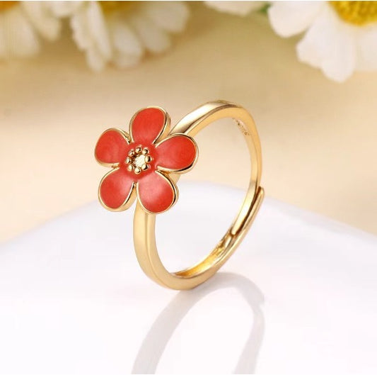 Red Enamel Flower Gold Plated Adjustable Ring