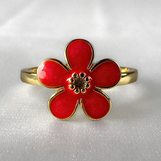 Adjustable Gold Plated Red Enamel Flower Ring