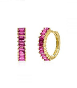 Silver Dark Pink Zircon Huggie Hoops - Gold Plated