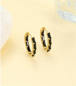Gold Plated Rectangle Huggie Hoops - Black