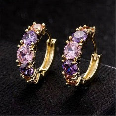 Purple Chunky Zircon Huggie Hoops - Gold