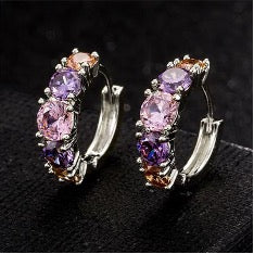 Purple Chunky Zircon Huggie Hoops - Silver