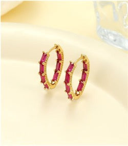 Gold Plated Rectangle Huggie Hoops - Pink