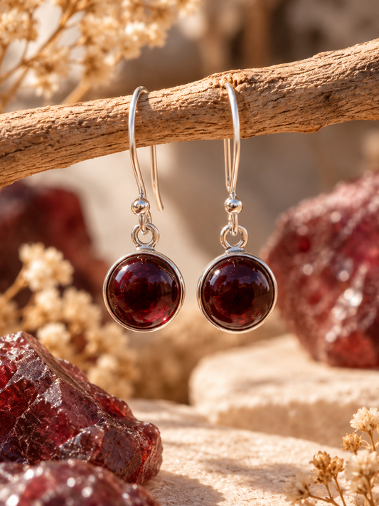 Silver Garnet Crystal Round Dangly Earrings