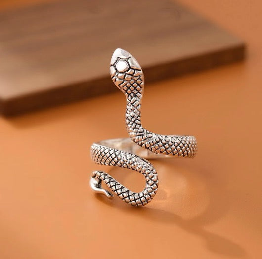 Carved Large  Silver Plated Adjustable Snake Ring