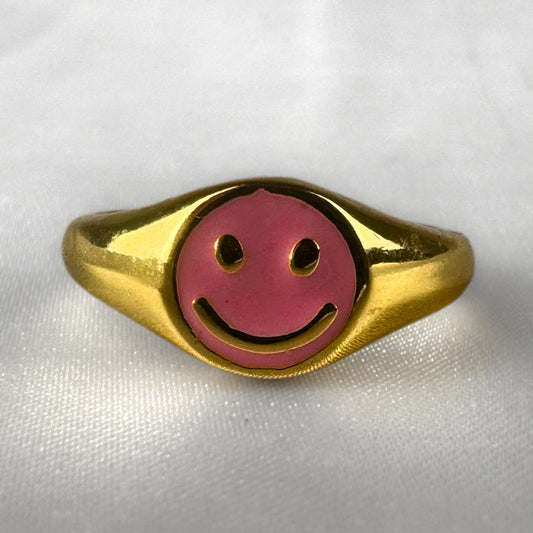 Pink Smiley Face Gold  Adjustable Signet Ring