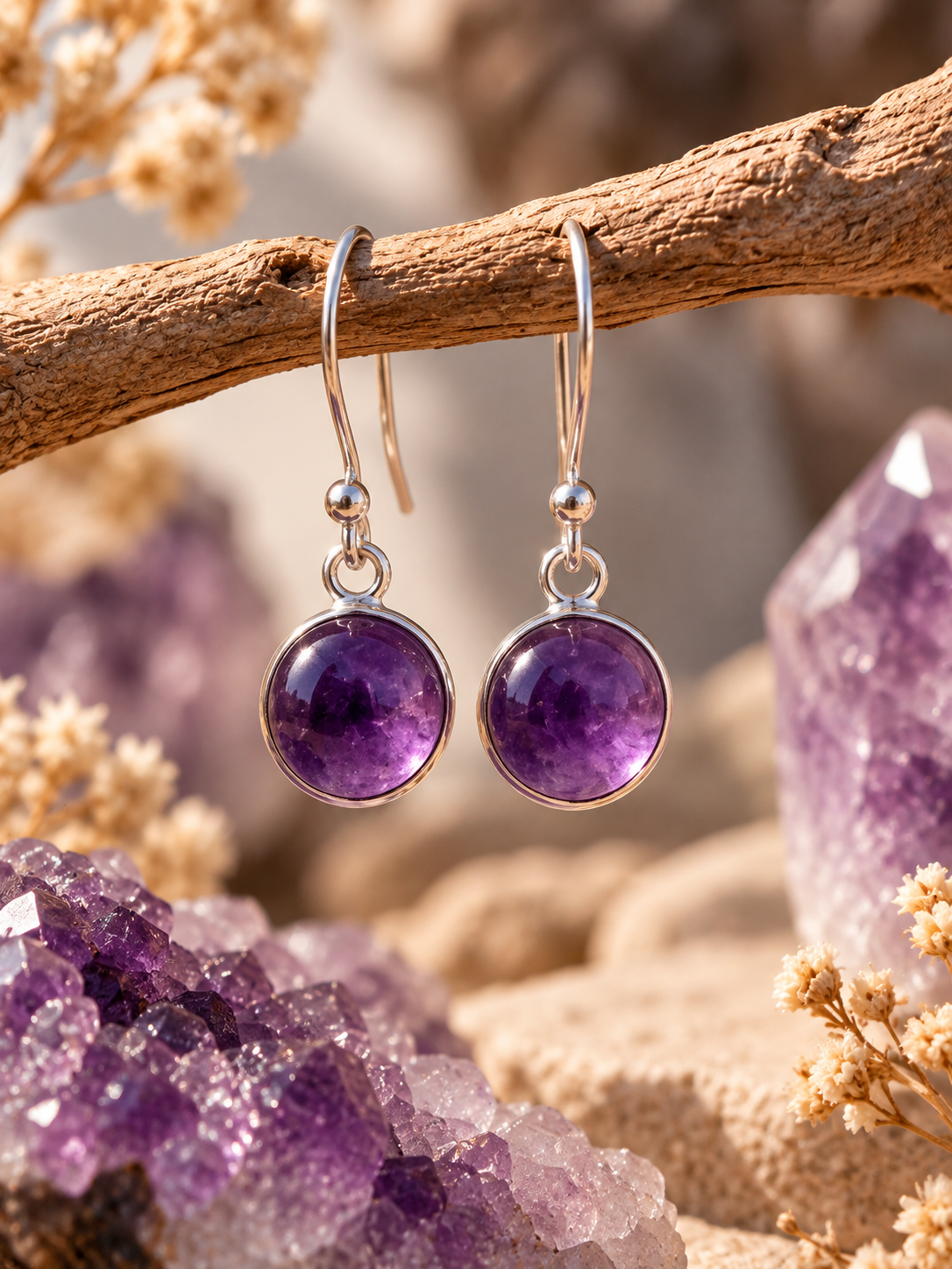 Silver Amethyst Crystal Round Dangly Earrings