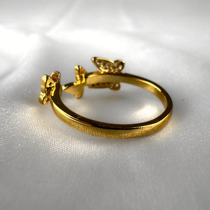 Gold Adjustable Triple Diamanté Butterfly Ring