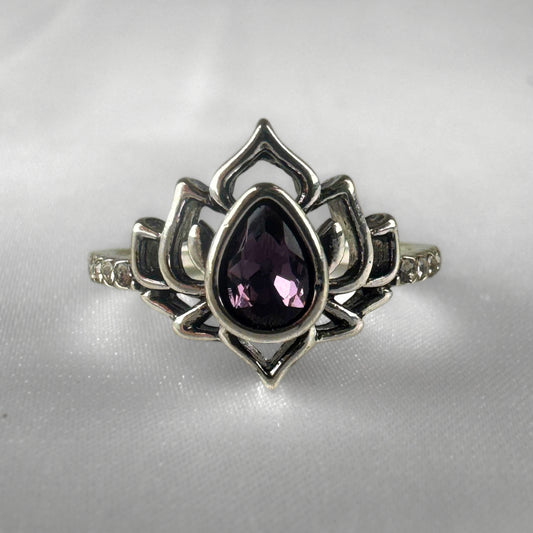Silver Purple Lotus Flower Ring