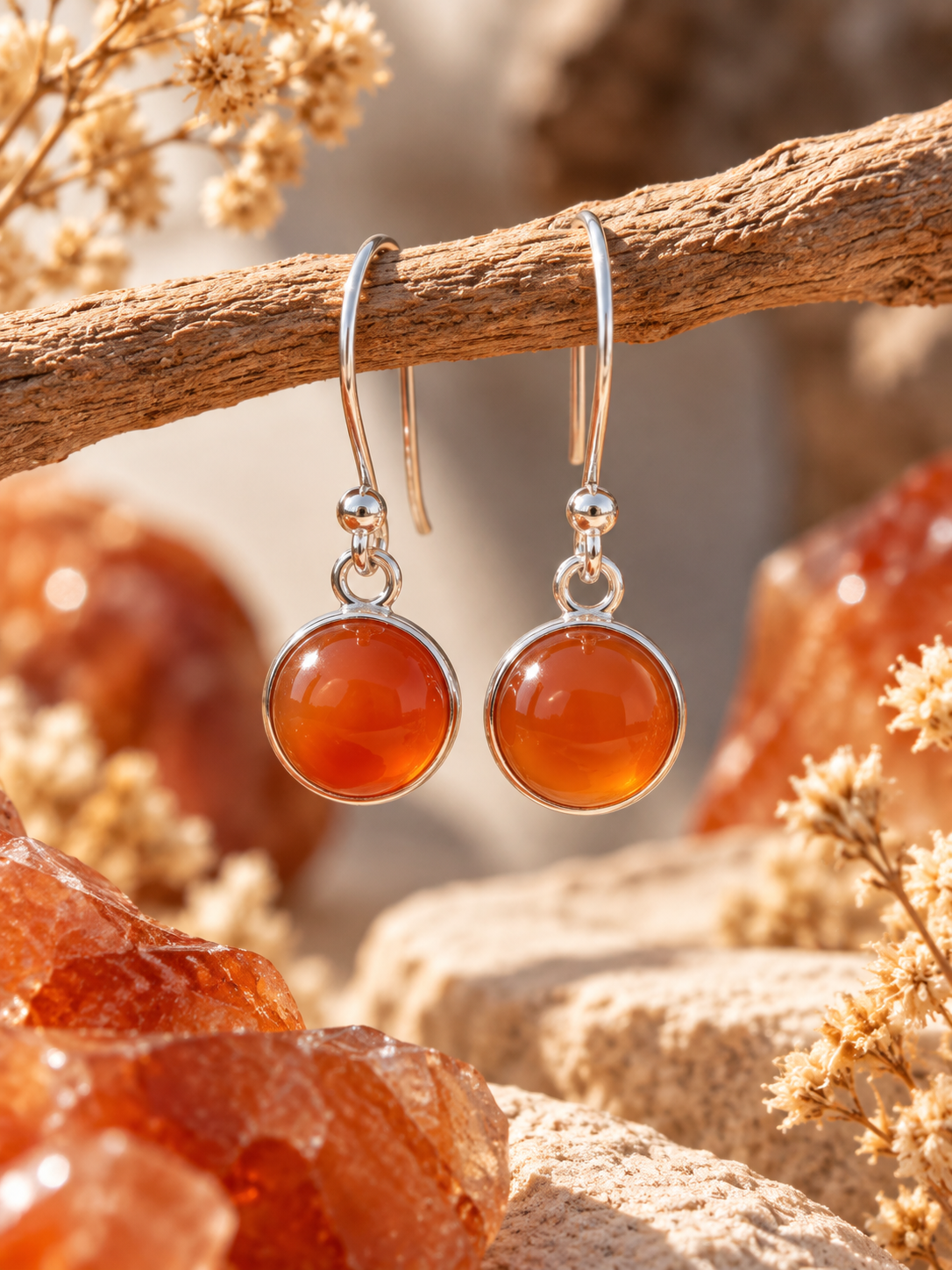 Silver Carnelian Crystal Round Dangly Earrings