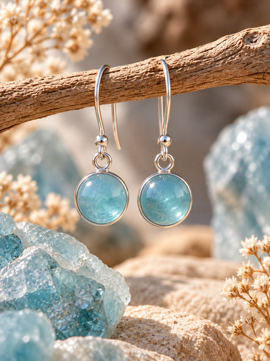 Silver Aquamarine Crystal Round Dangly Earrings