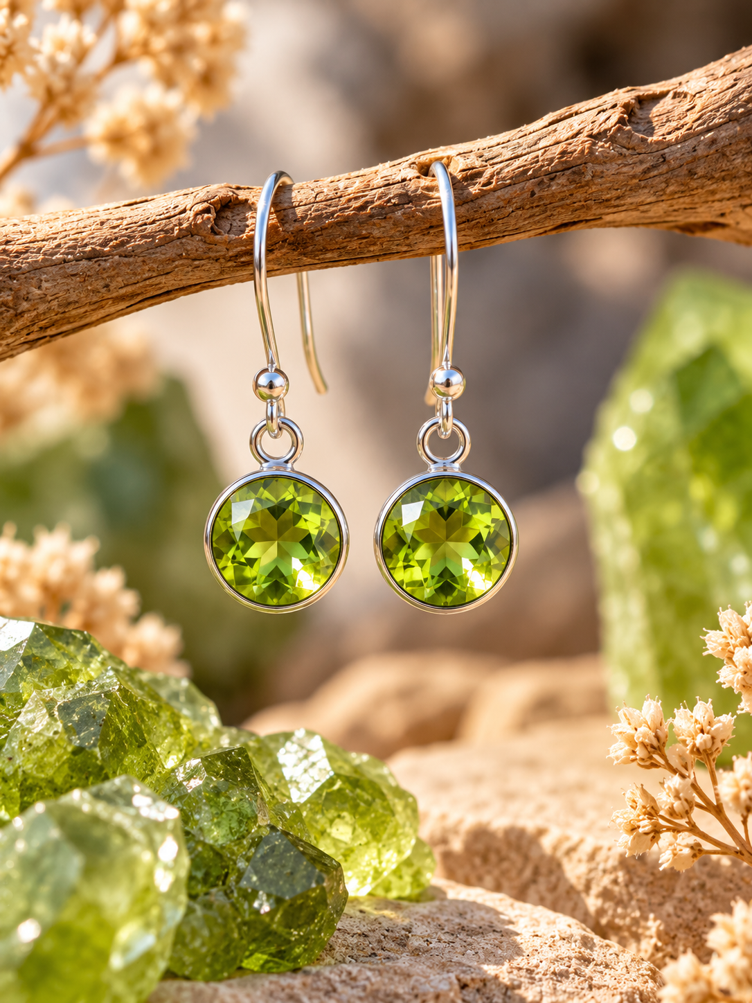 Silver Peridot Crystal Round Dangly Earrings