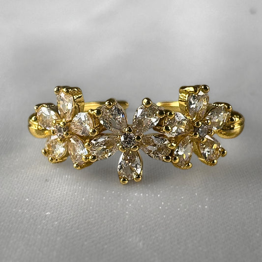 Gold Triple Diamanté Flower Ring