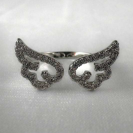 Silver Adjustable Diamanté Angel Wing Ring