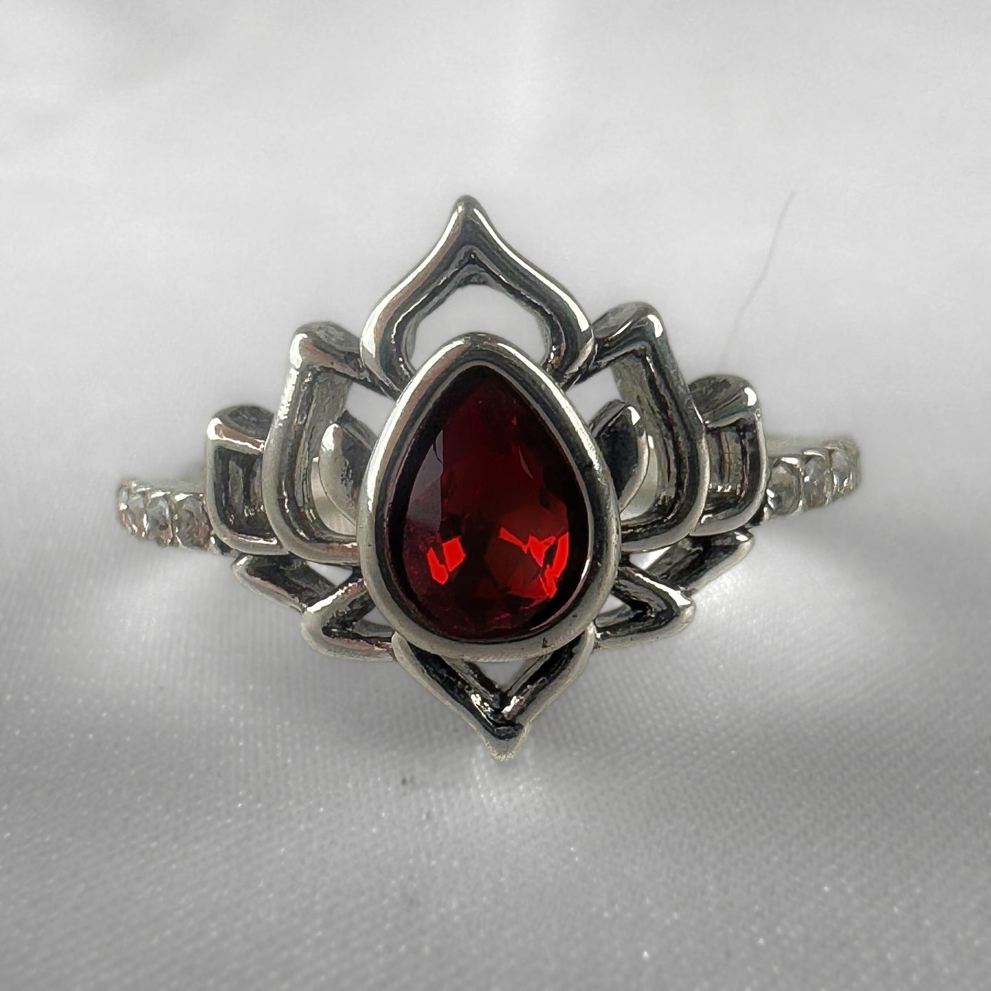 Silver Red Lotus Flower Ring