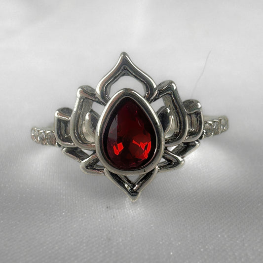 Silver Red Lotus Flower Ring