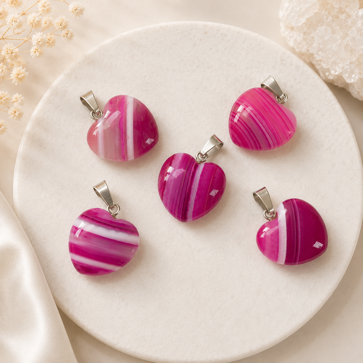 20mm Striped Agate Crystal Heart Pendants
