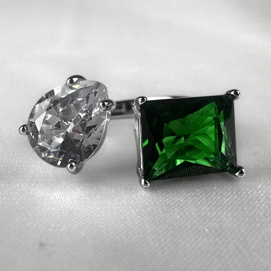 Green Silver  Adjustable Rectangle and Pear Ring