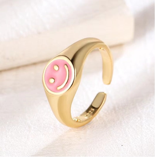 Pink Smiley Face Signet Ring (Gold)