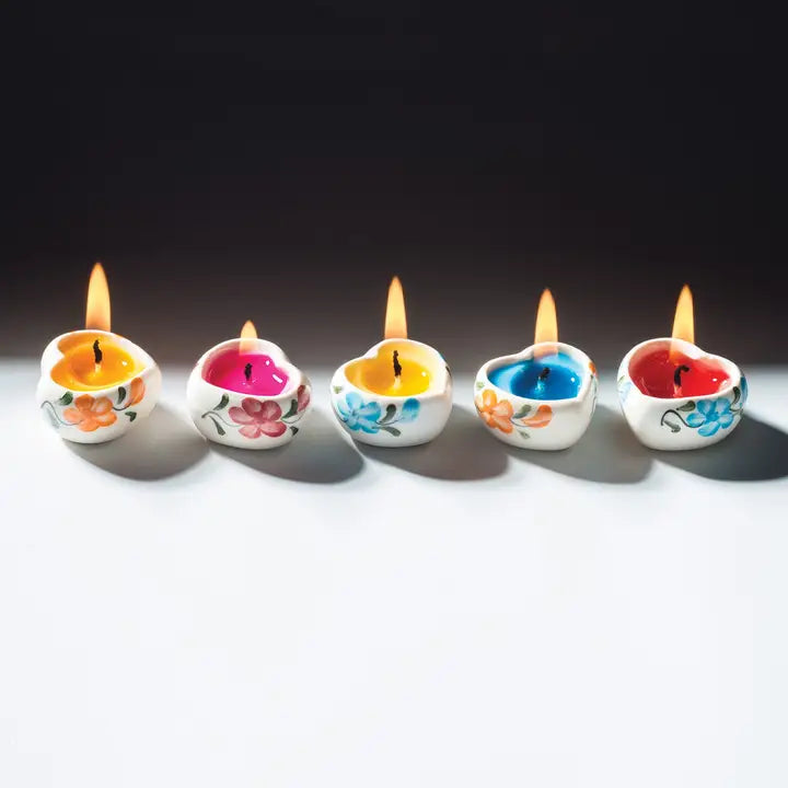 Tray of 5 Hand Painted Ceramic Heart Candles