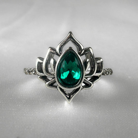 Silver Green Lotus Flower Ring