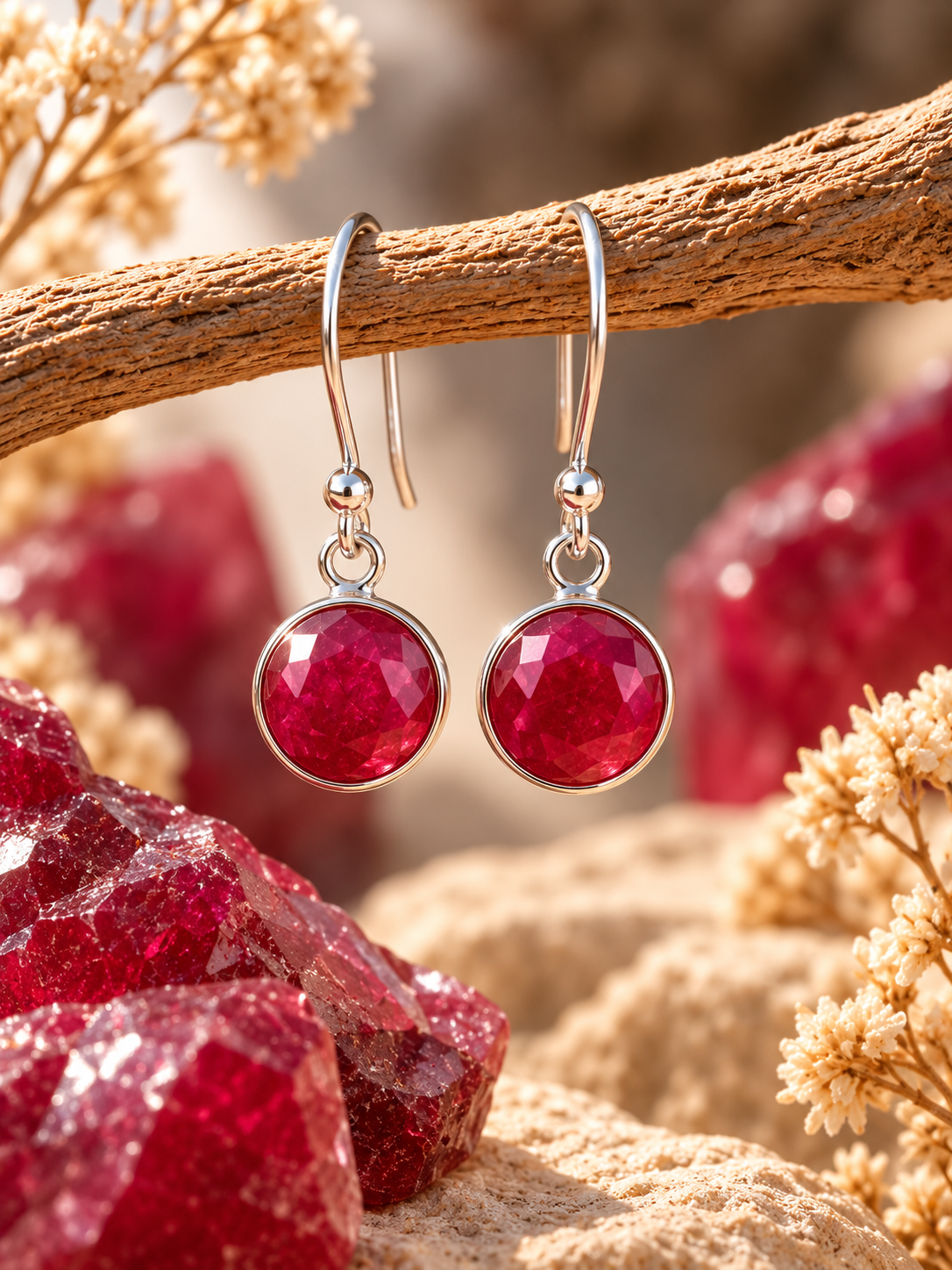 Silver Ruby Crystal Round Dangly Earrings