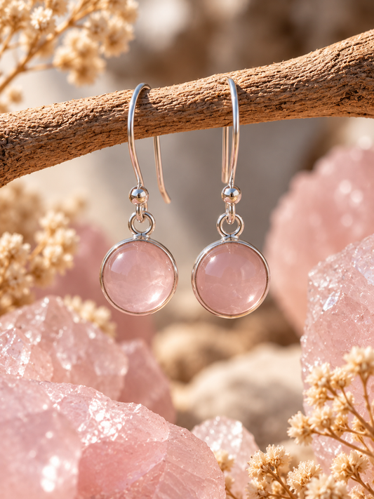 Silver Rose Quartz Crystal Round Dangly Earrings