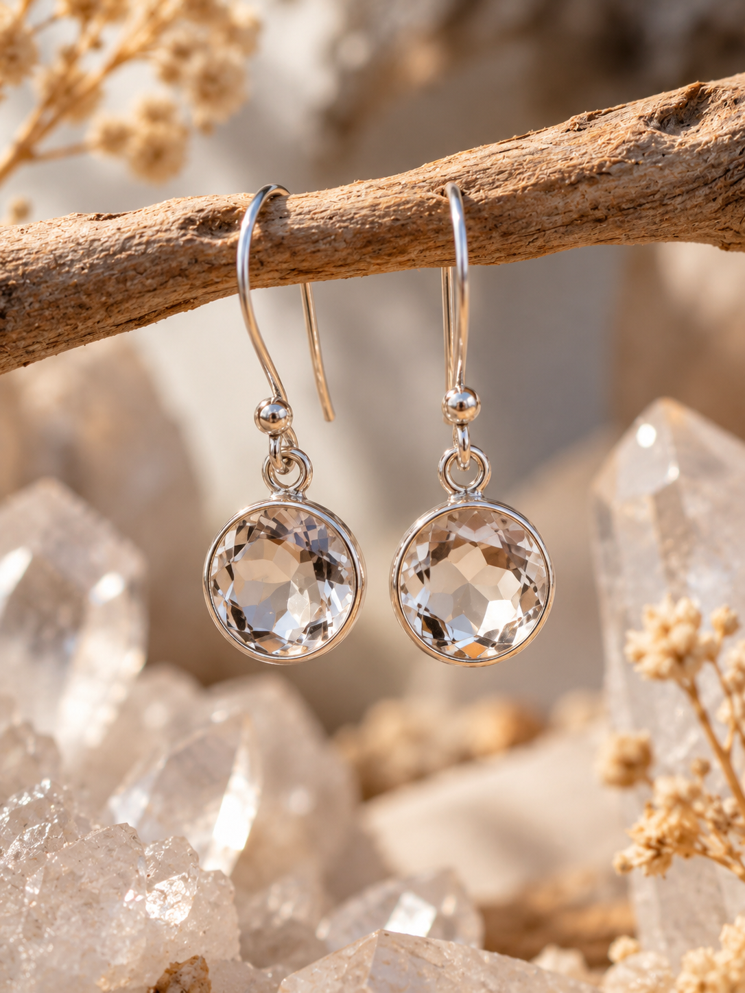 Silver Clear Quartz Crystal Round Dangly Earrings