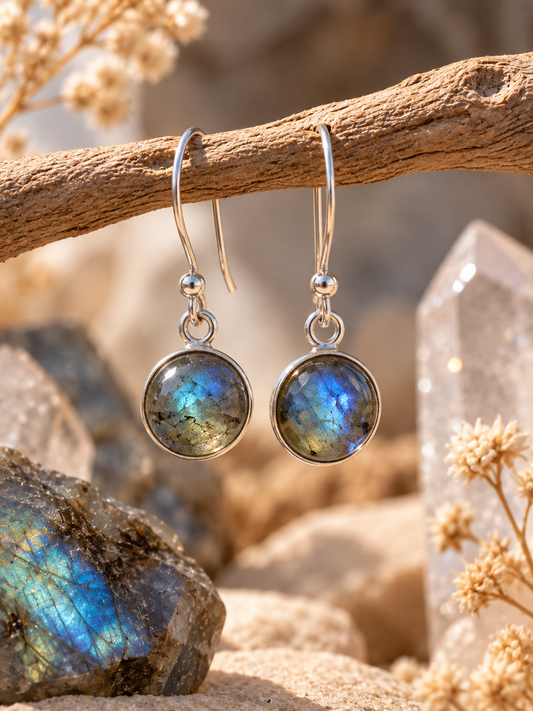 Silver Labradorite Crystal Round Dangly Earrings