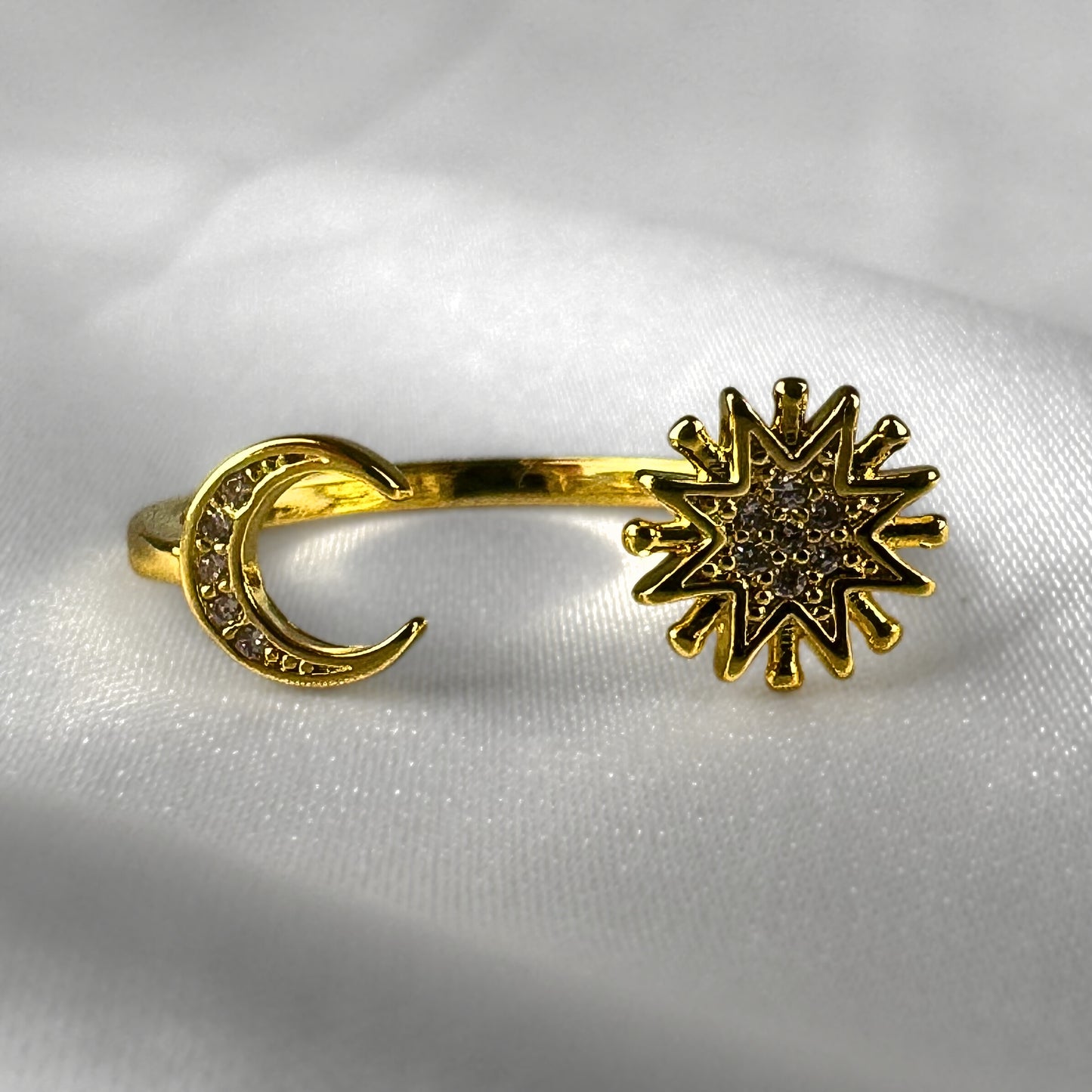 Diamanté Flower and Moon gold Plated Adjustable  Ring