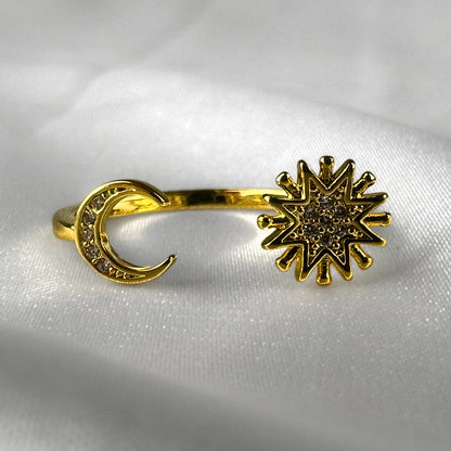 Diamanté Flower and Moon gold Plated Adjustable  Ring
