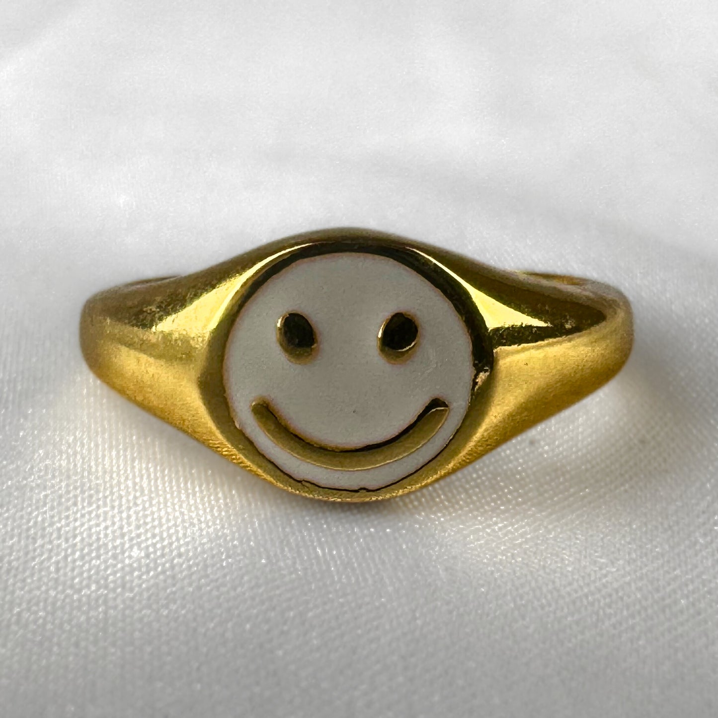 White Smiley Face Gold Adjustable Signet Ring