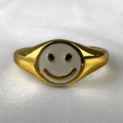 White Smiley Face Gold Adjustable Signet Ring